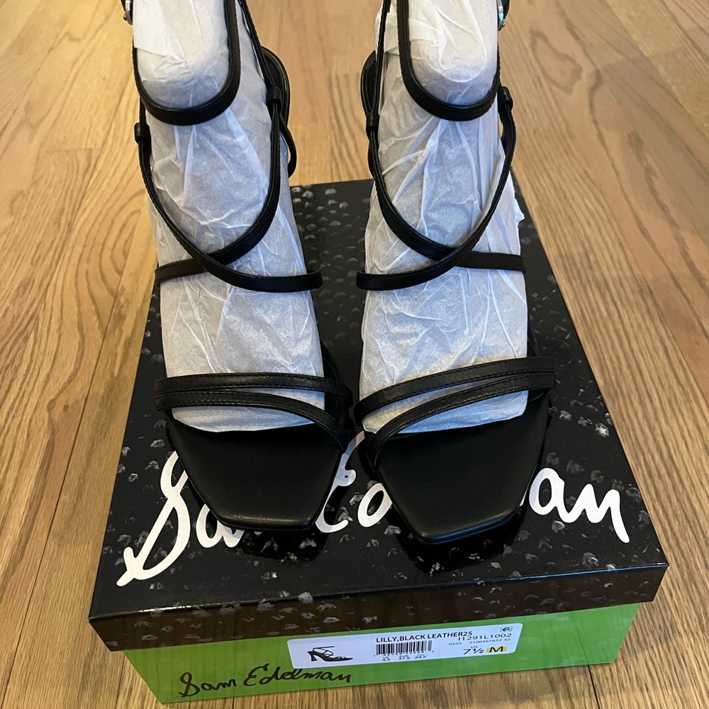 Brand New in Box, Sam Edelman “Lilly” black leather heeled strappy sandal